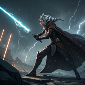 Ahsoka Tano in an intense battle stance. Wearing detailed Jedi robes, hair flowing. Dark, stormy environment with CGI elements.