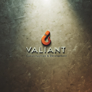 Design a logo for Valiant Construction & Development. Incorporate a sleek, abstract hook with an orange accent. Text reads 'Valiant Construction & Development' on a textured off-white backdrop, evoking a modern industrial vibe.