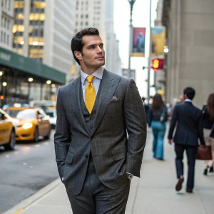 Henry Cavill, in a tailored gray suit and a vibrant yellow tie, stands confidently on the bustling New York City sidewalk.