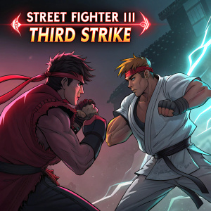 Album cover for 'Street Fighter III: Third Strike'. Dark and vibrant digital art showcasing Ryu and Ken in mid-battle. Shadowy background with neon highlights