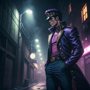 Jotaro Kujo, the user of Star Platinum, standing in a dramatic pose. Dark alleyway background, neon lights