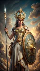 Atenea enfurecida, con su armadura y escudo, lista para castigar a Medusa en un lugar de guerra. Parámetros: "ultra-realistic, mythological, Athena furious,