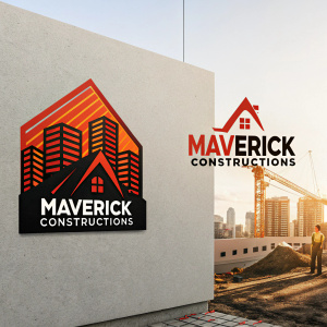 Two logos for Maverick Constructions. First logo uses vibrant red and orange colors, abstract design resembling construction site, bold text Maverick Constructions underneath. Second logo features sleek black and muted orange, modern design with clear text.
