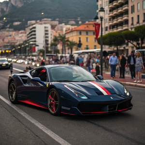 Dark blue Ferrari 488 Spider parked in the bustling streets of Monaco during the Grand Prix. Red accents on car.