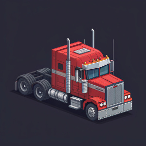 Illustration of Optimus Prime's vehicle form. Large red and gray semi-truck. Blocky design. Pixel art style. Against solid black background
