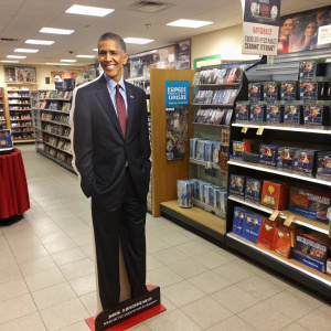 A life-sized cardboard cutout of Barack Obama, standing amidst shelves of merchandise featuring his likeness, set in a retail store.