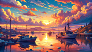 sunrise in a harbour, acrylic palette knife, style of makoto shinkai studio ghibli genshin impact james gilleard greg rutkowski chiho aoshima
