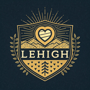 Lehigh University logo, golden emblem on dark background. Shield shape with heart-like design at center, surrounded by stylized sunburst pattern, LEHIGH text and registered trademark symbol
