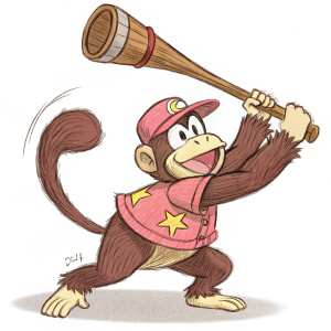 Cartoon depiction of Diddy Kong from Donkey Kong series. Posed dynamically with a large wooden club. Wears a pink outfit featuring a star emblem. Set against a plain white background. The sketch focuses on capturing the character's energy and movement with detailed lines.