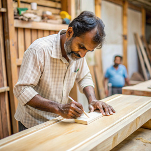 a indian carpenter applies a thin layer of white color adhesive  to the wooden ply
