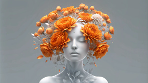 mujer que tiene la cabeza y  llena de flores marchitas  y está triste 