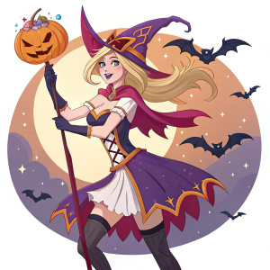 Digital artwork of Janna from League of Legends. Festive Halloween theme. Vibrant colors and dynamic design.
