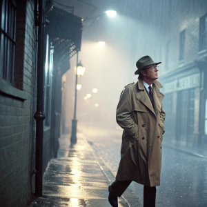 Michael Caine, wearing a classic trench coat and fedora, standing in the rain-soaked streets of London. Mystery surrounds him as he navigates through the foggy alleys.