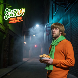 Shaggy Rogers from Scooby-Doo poses in front of Mystery Inc.'s haunted house logo. Dark alleyway background, neon lights, misty atmosphere