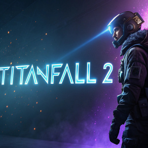 A promotional image for Titanfall 2. Dark background with glowing blue and purple light effects. The game title is in sleek, modern font.