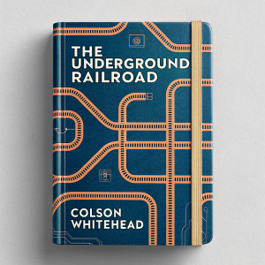 The cover of 'The Underground Railroad' by Colson Whitehead. Predominantly blue with intricate vintage design, featuring a complex network of railway lines. Bold, stylized font for title and author name. Graphic design evokes old railroad maps, warm and textured appearance.