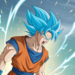 Illustration of Goku from Dragon Ball, blue hair flying, intense gaze. Energy waves surrounding him. Vibrant colors, dynamic background.
