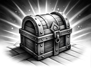 pirate chest drawing, pencil sketch, black and white, two-point perspective, white background