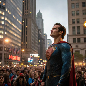 Henry Cavill, as Superman, standing in a crowded metropolitan square. People are cheering and waving, creating an energetic atmosphere.