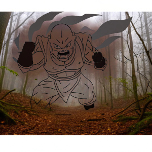 Kid Buu, with an angry face, standing in a battle stance. Purple backdrop filled with swirling dark energy.