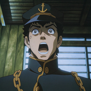 Jotaro Kujo from JoJo's Bizarre Adventure, young man, surprised expression, youthful look, wide-open mouth, animated face. Wears dark outfit with gold anchor emblem. Set against a neon green backdrop.