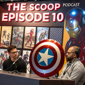 Promotional poster for The Scoop Podcast Episode 10 featuring a vibrant blend of iconic comic book characters and symbols, including Iron Man's face and a star emblem. Set against a backdrop of comic book panels, the title 'The Scoop Podcast Episode 10' is boldly displayed.