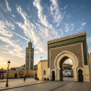 Photograph of Bab Rcif gate in Fes, Morocco. Blue skies and wispy clouds. Traditional Moroccan design with intricate geometric patterns.