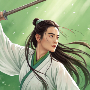 Huang Rong, female martial artist from Legend of Condor Heroes. Illustration style, vibrant green background.