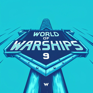 Digital artwork showcasing the World of Warships logo. Bold emblem atop, modern font with the number 9. Clean, graphic design with a sleek aesthetic. Teal background.