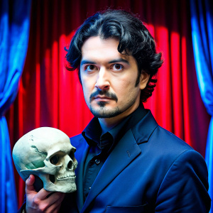 A man. neatly trimmed black hair. large face. Blue and red. Hamlet's pose. Skull. Background: Theatre stage