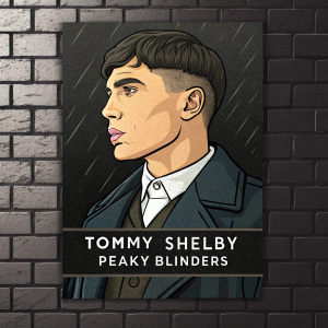 Cartoon portrait of Tommy Shelby. Dark, gritty aesthetic. Close-up of face. Brick wall backdrop. Text: Tommy Shelby - Peaky Blinders