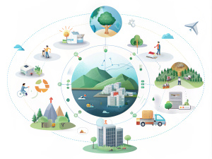 Una imagen tipo infografía que represente un ecosistema digital hecho para la sostenibilidad del sector turismo. Fondo Blanco