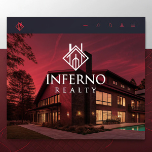 Website design for Inferno Realty. Elegant logo featuring a stylized house icon. Dominant color scheme of deep red and black. Modern grid layout. Clear and legible text.