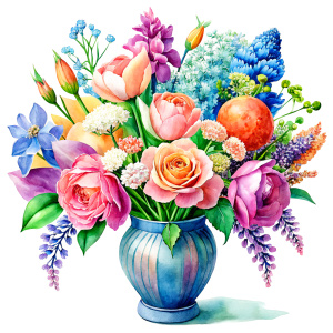 Watercolor image ,pink iris , pink daffodil ,orange snapdragon , mint gladioluspale roses, pink popy ,rose pink aster ,pink canna ,yellow calla , celosla , olive patunias ,pink lilac ,leek ,yellow hyacinth , a cobalt blue huge french decorated WITH FLOWERs Vase with green blue ornaments ,on a white wall, watercolor