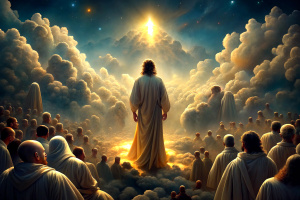Jesús bajando del cielo entre nubes luminosas, en la tierra hay una gran multitud de gente