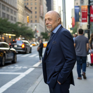Hector Elizondo in character Ed Alzate from Last Man Standing, dressed in a formal navy suit with a subtle pattern. Standing on a busy city street, day time.