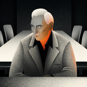 Roger Stone, American political figure, intense expression. Grey suit, black shirt. Dark, sleek conference room background.