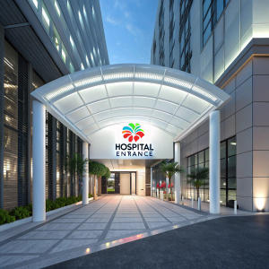 A sleek, futuristic hospital entrance. White canopy and vibrant logo sign. 3D digital illustration.