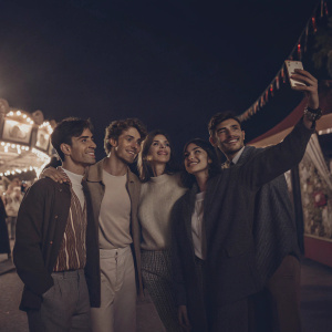 Group shot of Jorge Blanco, Martina Stoessel, Pasquale Di Nuzzo, Mercedes Lambre, and Adrian Salzedo at a vibrant outdoor festival.