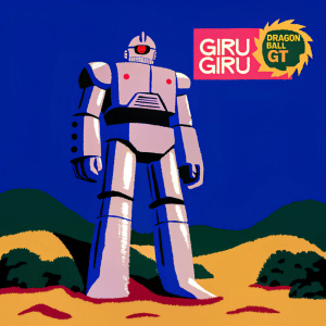 Giru Giru, a metallic robot from Dragon Ball GT, standing on a rocky desert terrain with patches of green. The sky is clear and blue. Giru Giru features a sleek, angular body with a large reddish-brown eye. Dragon Ball GT logo visible on its side.