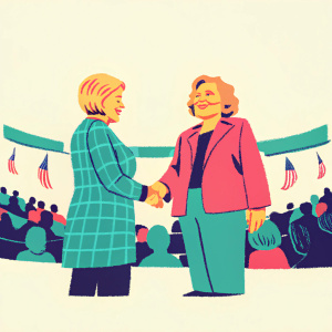 Hillary Clinton and Madeleine Albright at a political rally. Both in elegant suits, Hillary in a blue checkered blazer and Madeleine in a maroon-colored blazer. Crowded auditorium with American flags in the background.