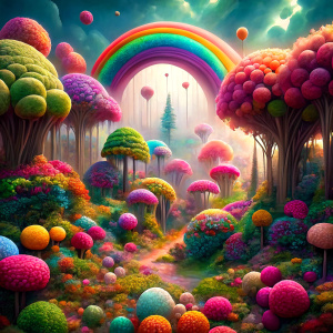 A forest and rainbow full of colorful flowers and giant candy trees