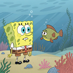 A SpongeBob SquarePants character, a cartoon fish with green-brown scales, bulging eyes, and a worried expression. Oceanic backdrop.