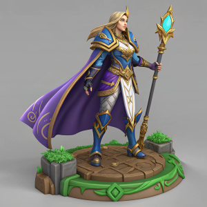 Heroic Jaina Proudmoore from Warcraft series, in vibrant colors like blue, gold, and purple. Standing on a brown textured base with green accents. Neutral gray background.