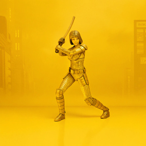 Futuristic female warrior in cyberpunk setting. Dynamic pose, detailed armor with grid-like patterns. Background is neon-lit cityscape.