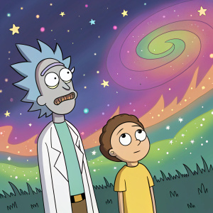 Rick Sanchez and Morty Smith, characters from animated series, standing in front of a galaxy-inspired, vibrant background filled with swirling colors and stars. Cartoonish, whimsical style.