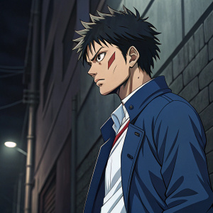 Kawaki from My Hero Academia, intense gaze, standing against dark alleyway background. Detailed portrait showcasing blue jacket, white shirt, and distinctive red mark on his skin.