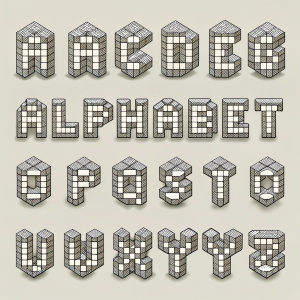 Pixel art alphabet set, featuring block-style letters resembling Minecraft's aesthetic. Includes both uppercase and lowercase letters, crafted from simple cubes forming distinct shapes. Grayscale color scheme applied consistently across the board. Organized in a neat grid layout, allowing ample space for each character. The design emphasizes geometric simplicity, foregoing any gradients or textures.