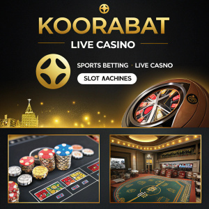 Koorabat Live Casino homepage screenshot featuring vibrant promotional banners for sports betting, live casino games, and slot machines. Dark background with gold accents highlights key game icons and offers. Modern, engaging design.