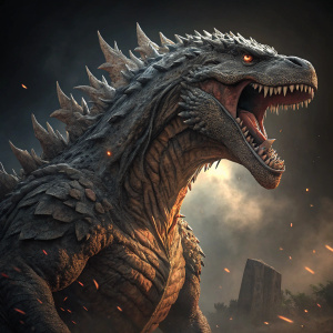 Godzilla, towering digital beast, mouth agape revealing razor-sharp teeth, in a detailed 3D render with intricate, rough skin texture and dramatic lighting, set against a dark, ominous background
